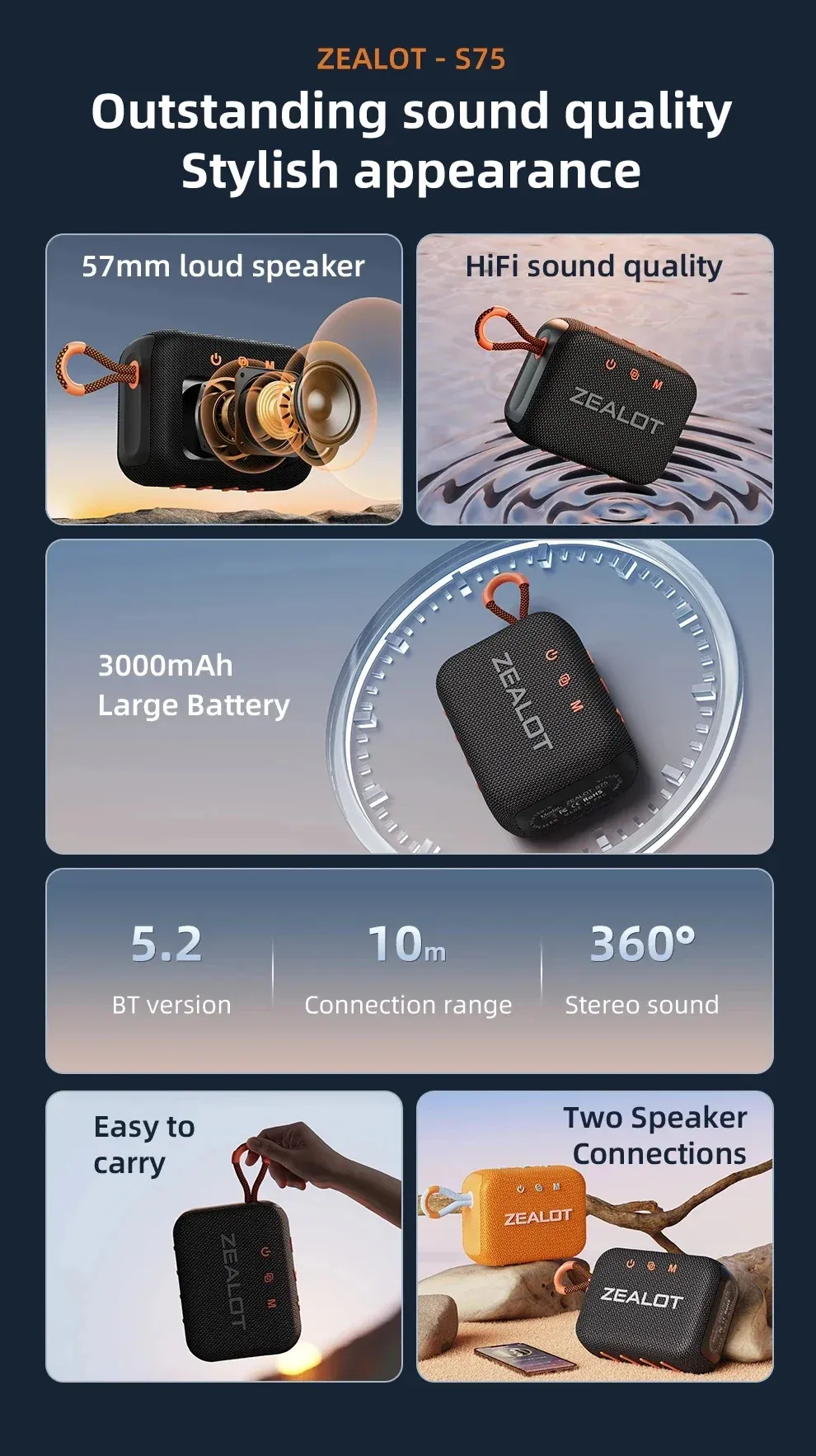 Zealot S75 10W bluetooth Speaker Portable Speaker 57mm Loud Driver HiFi Stereo 3000mAh Battery Support TF Card TWS IPX6 Waterproof Outdoors Wireless Speaker