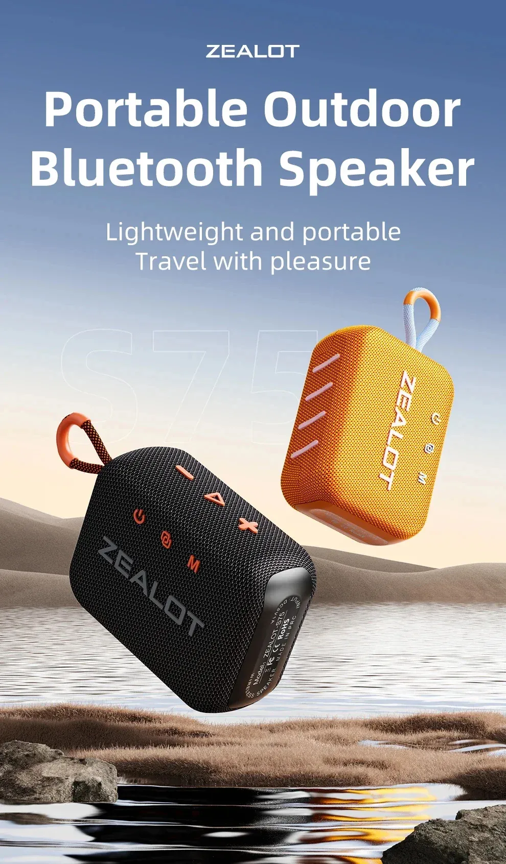 Zealot S75 10W bluetooth Speaker Portable Speaker 57mm Loud Driver HiFi Stereo 3000mAh Battery Support TF Card TWS IPX6 Waterproof Outdoors Wireless Speaker
