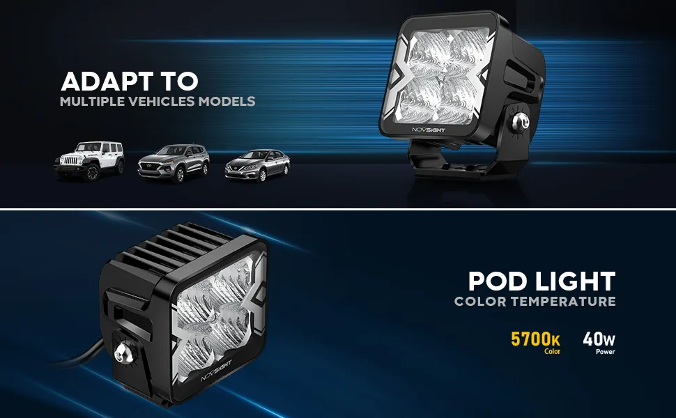 NOVSIGHT 2PCS 3 Inch Flood Beam Light LED Pod Light Square Cube Lamp IP68 Waterproof for Truck ATV UTV SUV Boat Car