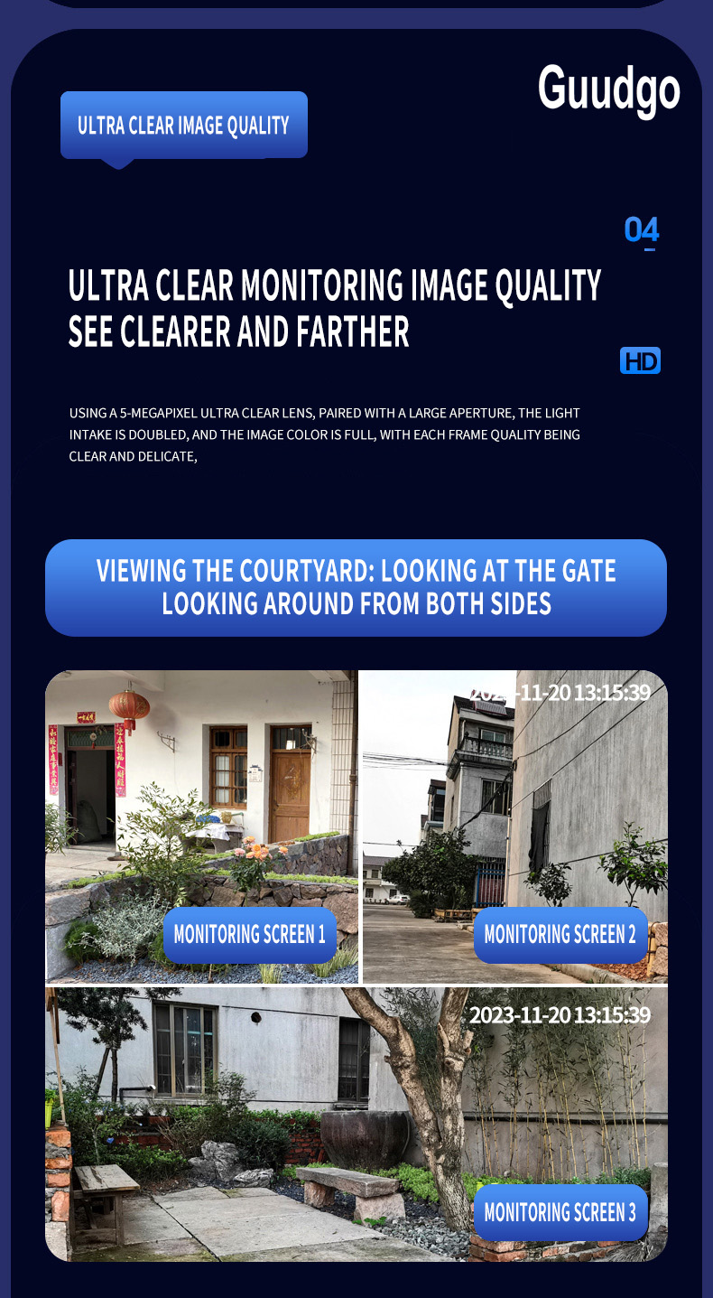 Guudgo 3MP + 3MP + 3MP Camere WiFi în aer liber Trei ecran Vizualizare HD Cameră IP HD Viziune nocturnă Detectare umană Interfon bidirecțional IP66 Impermeabil 360u00b0 Cameră video de supraveghere panoramică
