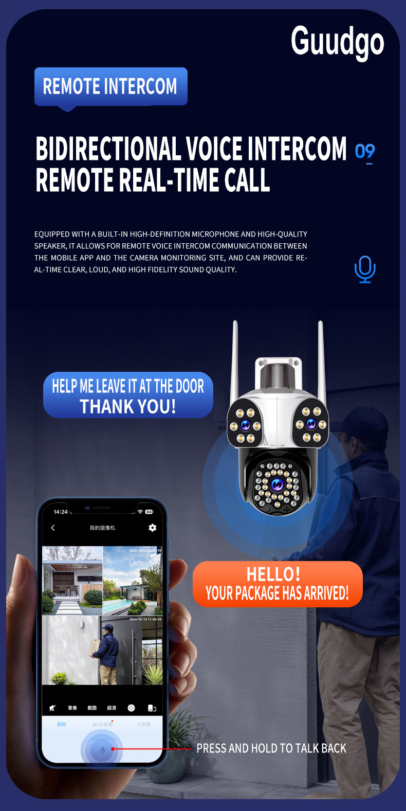 Guudgo 3MP + 3MP + 3MP Camere WiFi în aer liber Trei ecran Vizualizare HD Cameră IP HD Viziune nocturnă Detectare umană Interfon bidirecțional IP66 Impermeabil 360u00b0 Cameră video de supraveghere panoramică