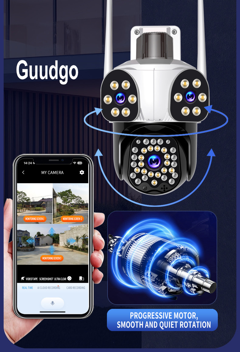 Guudgo 3MP + 3MP + 3MP Camere WiFi în aer liber Trei ecran Vizualizare HD Cameră IP HD Viziune nocturnă Detectare umană Interfon bidirecțional IP66 Impermeabil 360u00b0 Cameră video de supraveghere panoramică