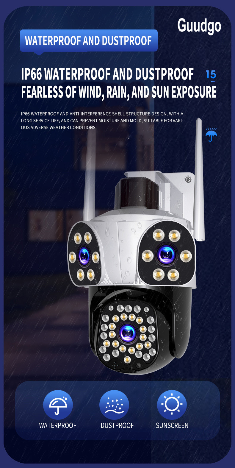 Guudgo 3MP + 3MP + 3MP Camere WiFi în aer liber Trei ecran Vizualizare HD Cameră IP HD Viziune nocturnă Detectare umană Interfon bidirecțional IP66 Impermeabil 360u00b0 Cameră video de supraveghere panoramică