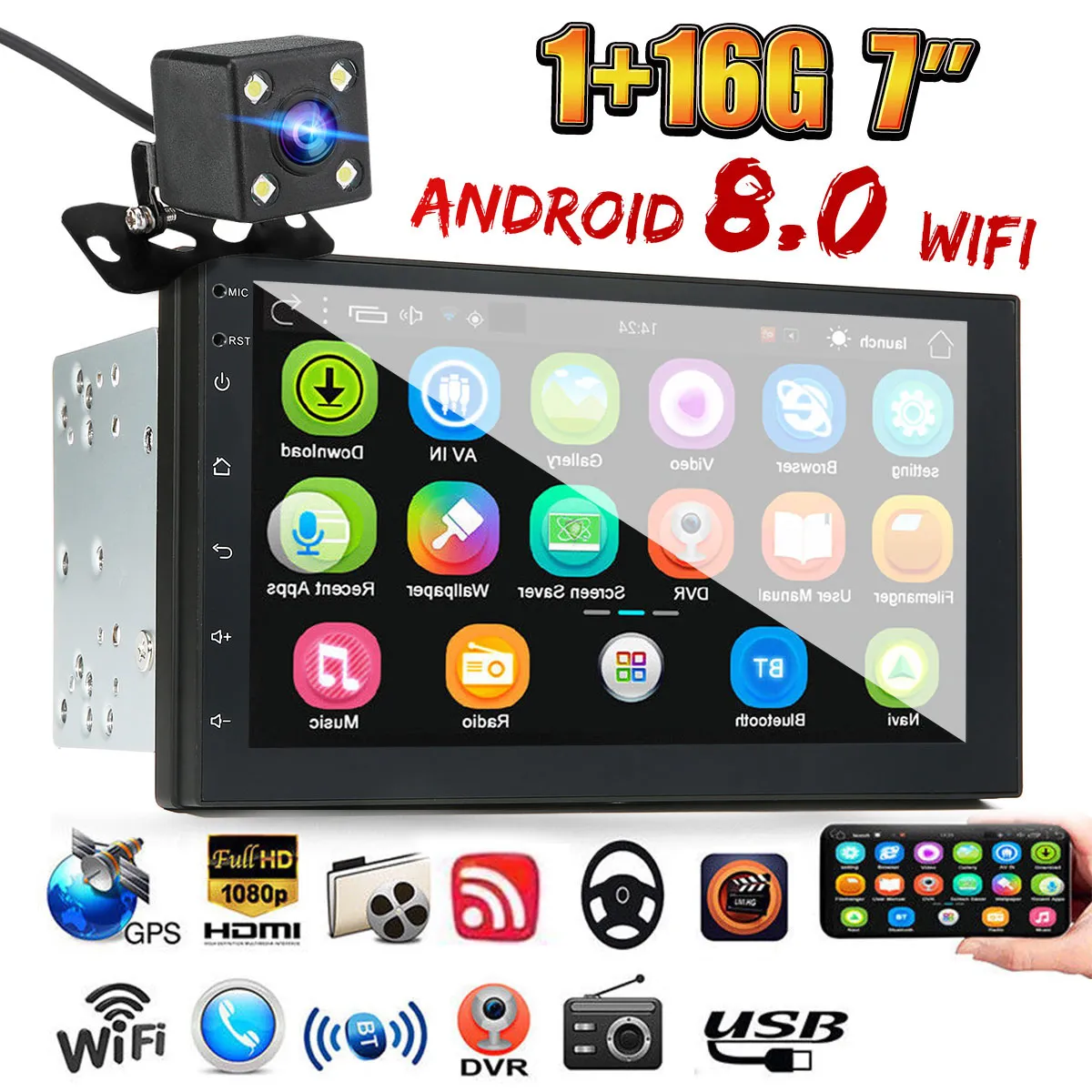 7 Inch 1+16G Android 8 Car Stereo Radio MP5 Player 2 Din 2.5D Screen GPS WIFI bluetooth FM