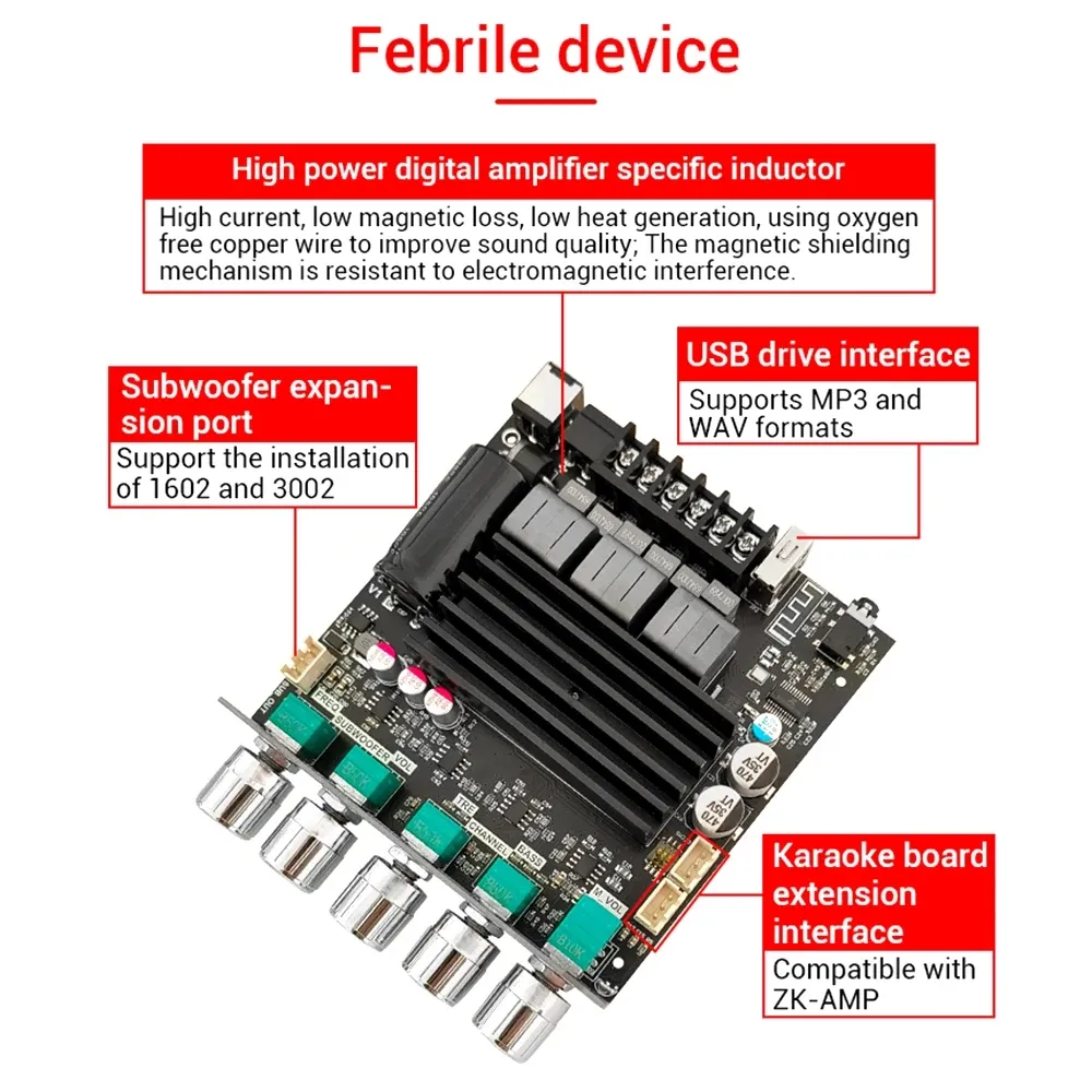 ZK-ST21 2.1 Channel Bluetooth Amplifier Board 100W+100W+200W Subwoofer TPA3221 Support Bluetooth AUX U Disk Sound Card