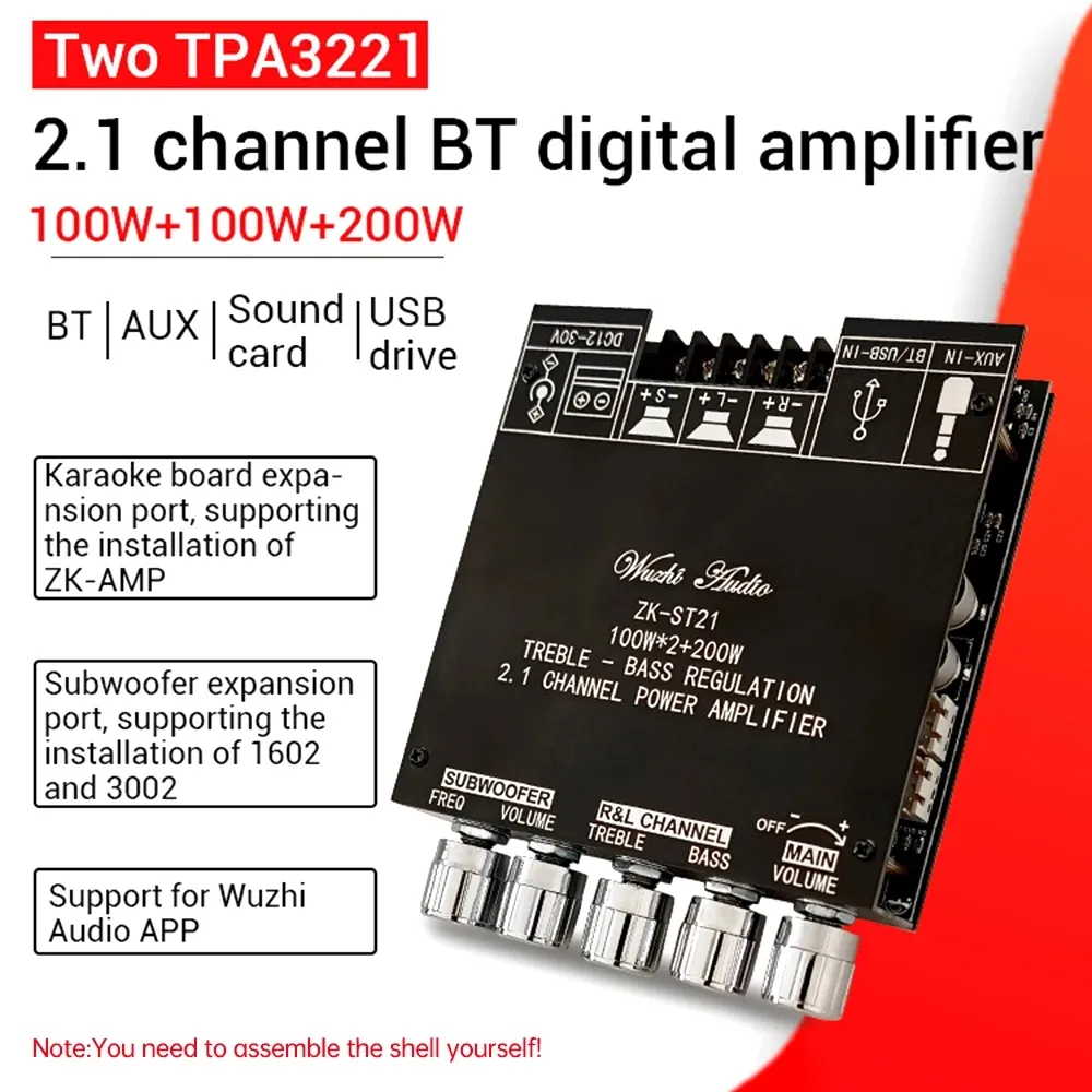 ZK-ST21 2.1 Channel Bluetooth Amplifier Board 100W+100W+200W Subwoofer TPA3221 Support Bluetooth AUX U Disk Sound Card