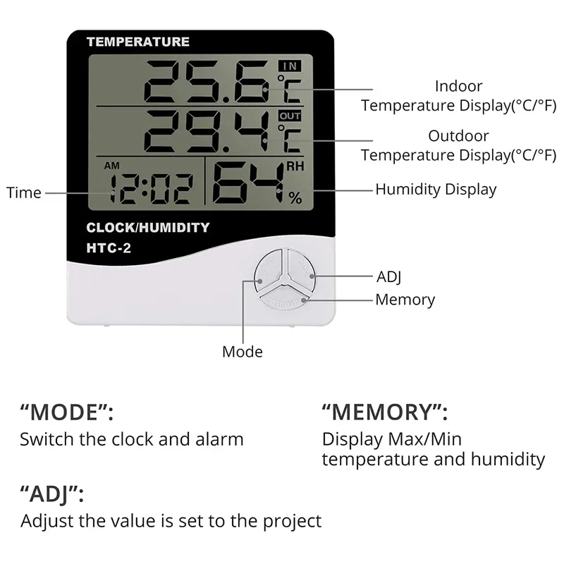 HTC-1 HTC-2 LCD Electronic Digital Temperature Humidity Meter Home Thermometer Hygrometer Indoor Outdoor Weather Station Clock