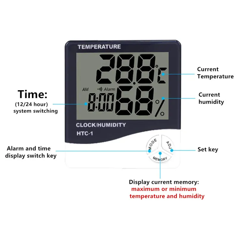 HTC-1 HTC-2 LCD Electronic Digital Temperature Humidity Meter Home Thermometer Hygrometer Indoor Outdoor Weather Station Clock