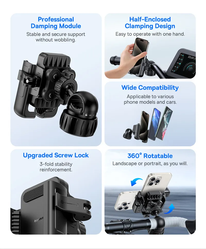 Baseus GoTrip Series Bike Phone Mount 360° Rotatable Anti-shake for 5.7''-7.2'' Mobile Phone Electric Motorcycle Scooter Holder Accessory