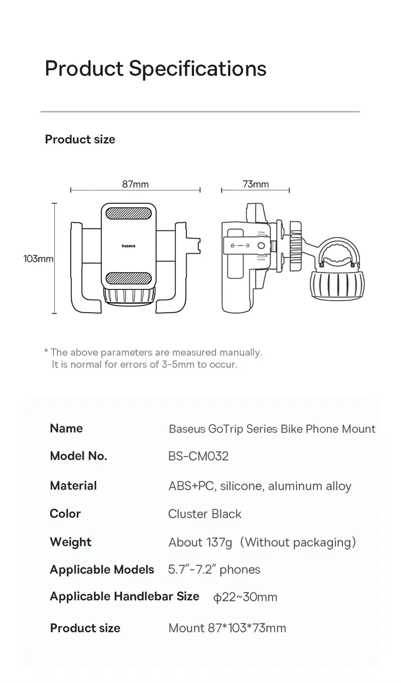 Baseus GoTrip Series Bike Phone Mount 360° Rotatable Anti-shake for 5.7''-7.2'' Mobile Phone Electric Motorcycle Scooter Holder Accessory