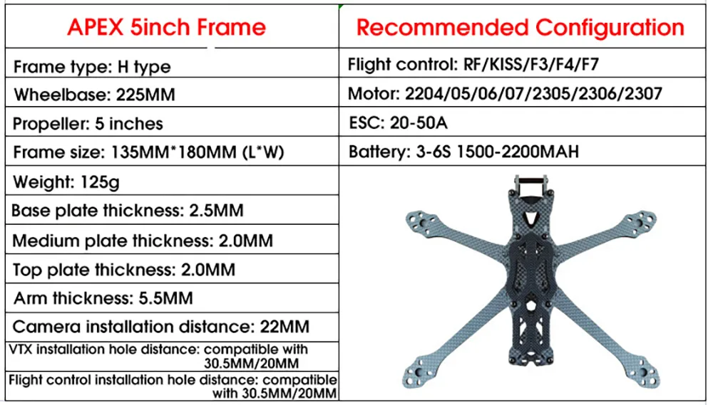 APEX HD 5 Inch 225mm Carbon Fiber Frame Kit 5.5mm Arm for DIY FPV Freestyle RC Racing Drone