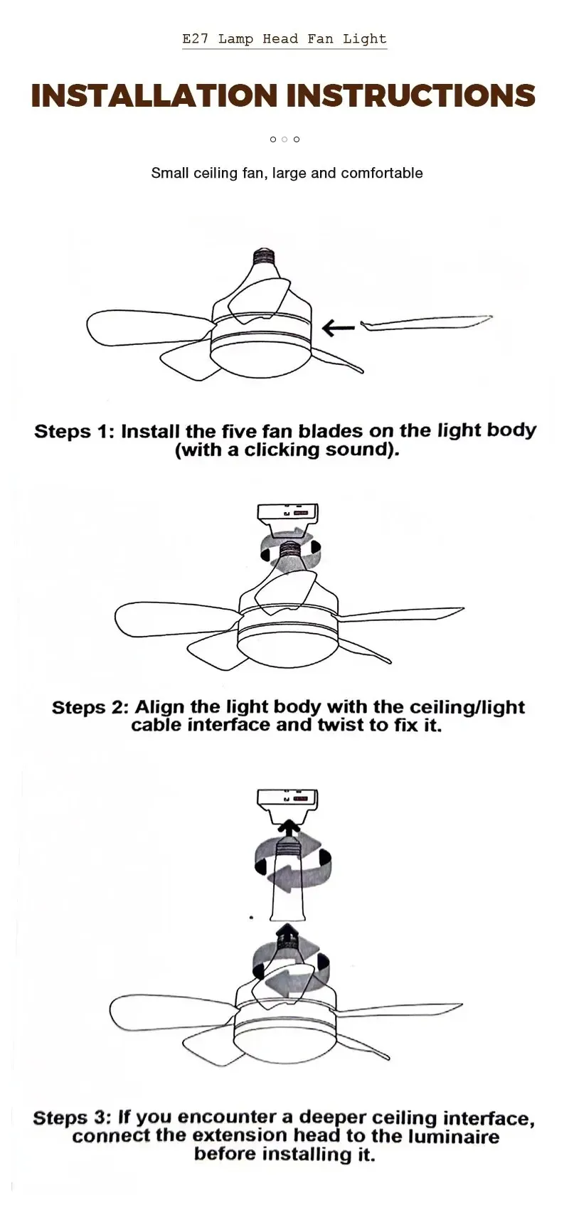 18 Inch E27 Screw Head Fan Light Remote Control Three Color Dimming Detachable Fan Leaf Household Silent Small Fan Light