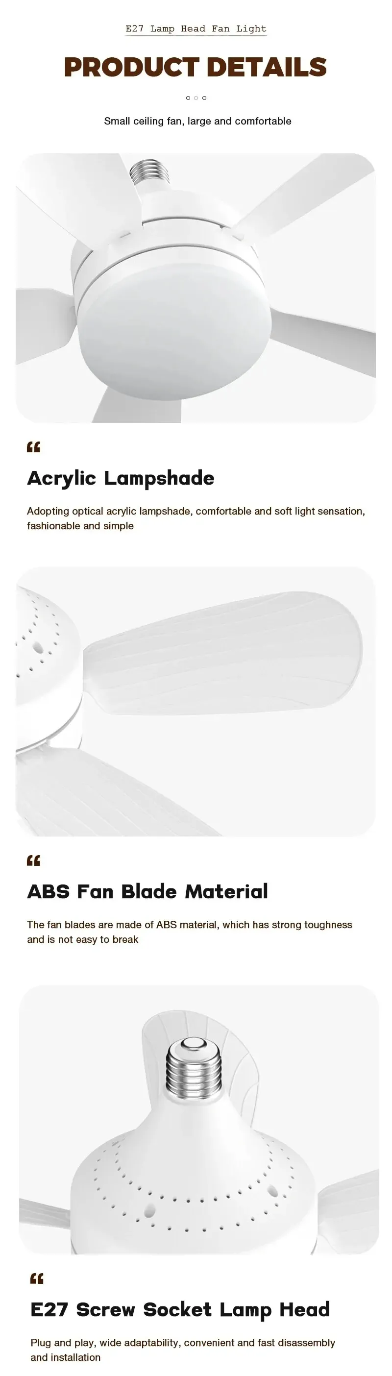 18 Inch E27 Screw Head Fan Light Remote Control Three Color Dimming Detachable Fan Leaf Household Silent Small Fan Light