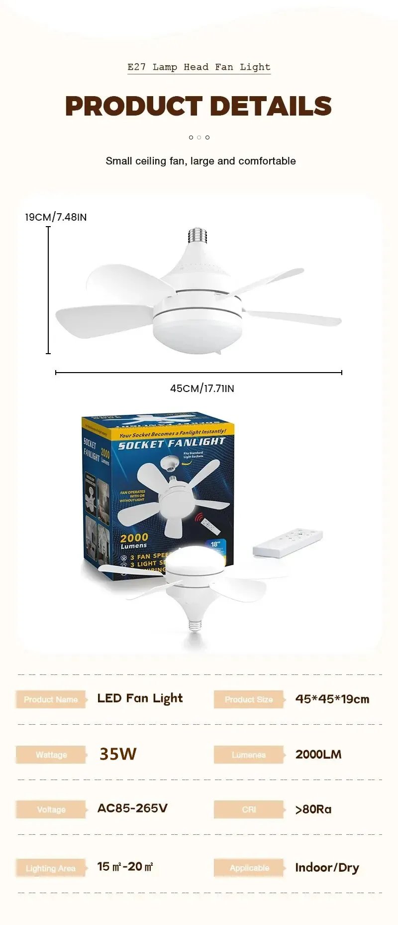 18 Inch E27 Screw Head Fan Light Remote Control Three Color Dimming Detachable Fan Leaf Household Silent Small Fan Light