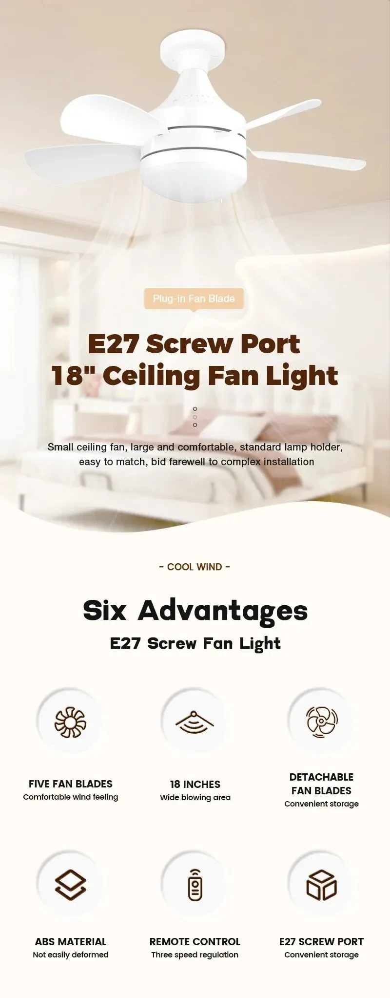 18 Inch E27 Screw Head Fan Light Remote Control Three Color Dimming Detachable Fan Leaf Household Silent Small Fan Light