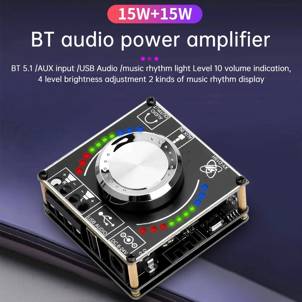 XY-D15H DC8-24V Stereo BT Audio Amplifier Board Module Digital Amplifier with Spectral Volume 2X10W/15W/20W