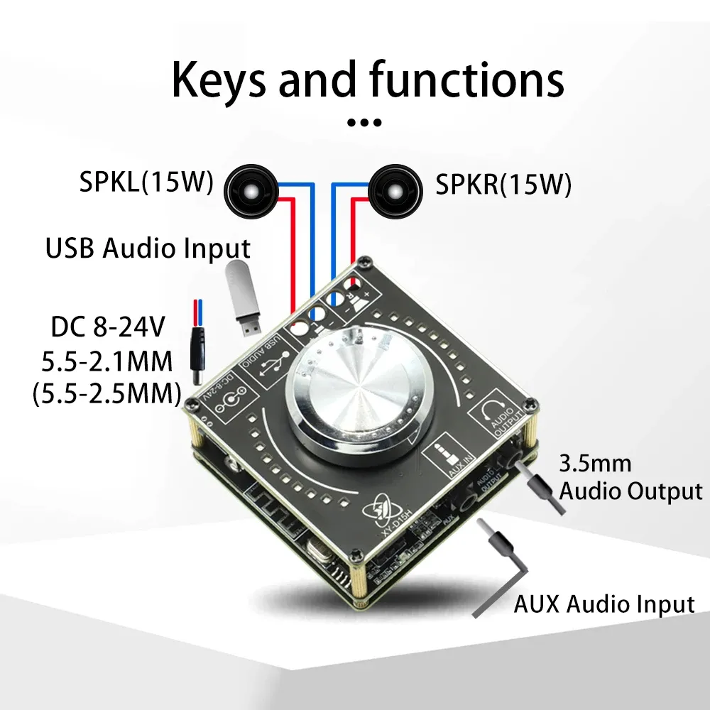 XY-D15H DC8-24V Stereo BT Audio Amplifier Board Module Digital Amplifier with Spectral Volume 2X10W/15W/20W
