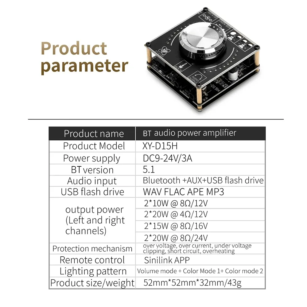 XY-D15H DC8-24V Stereo BT Audio Amplifier Board Module Digital Amplifier with Spectral Volume 2X10W/15W/20W