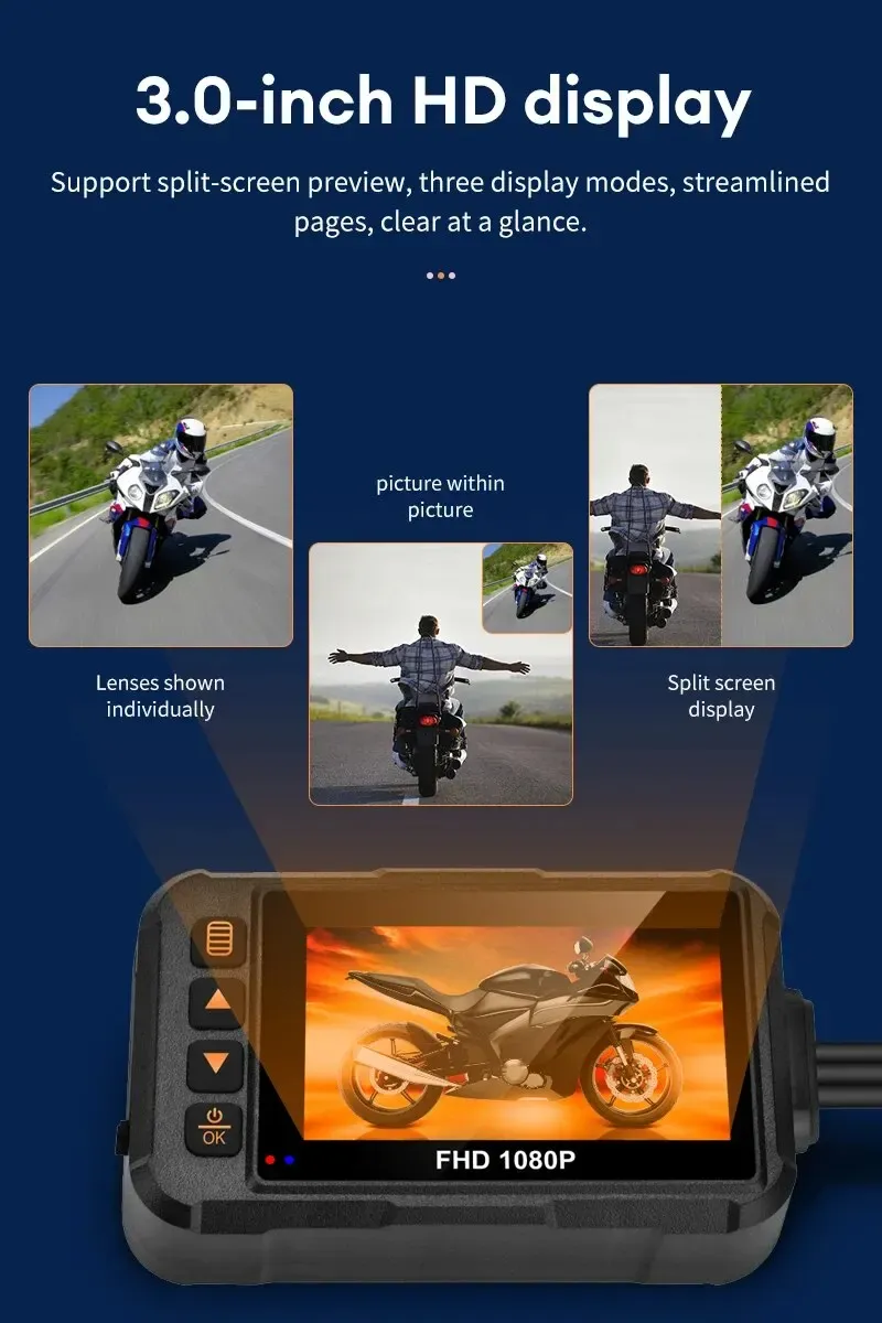 3.0 Motorcycle Dash Cam 1080P HD Dual Lens Waterproof DVR Camera Front Rear Camera Video Motorcycle Driving Recorder with 32G Memory Card