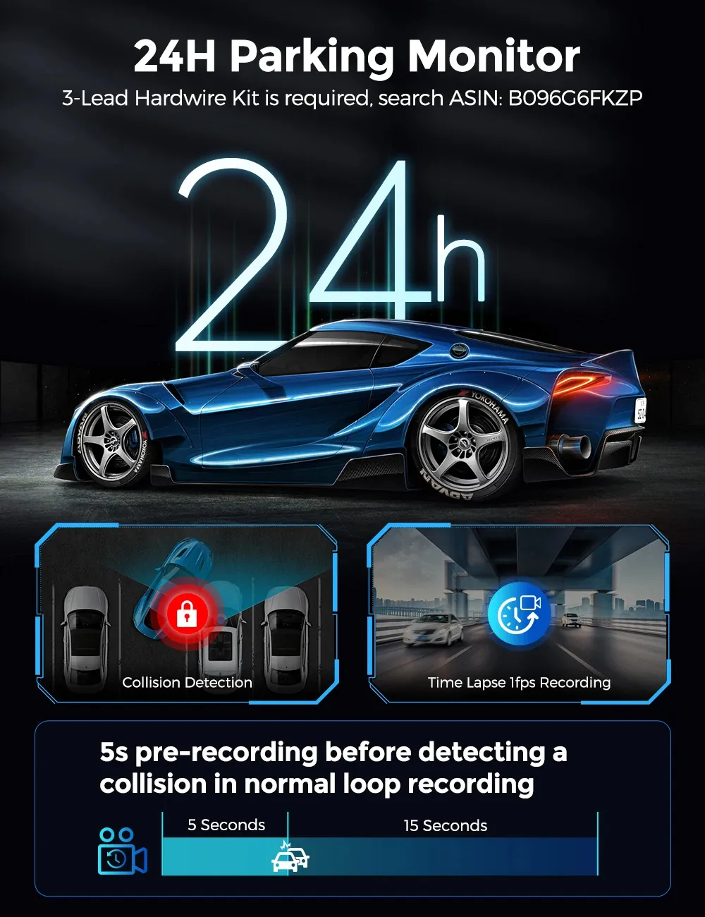 AZDOME M550 Pro Car Dash Cam 3 Channel 4K 5.8Ghz WiFi Front Cabin 1080P Rear DVR Cam GPS Night Vision Free 64G TF Card