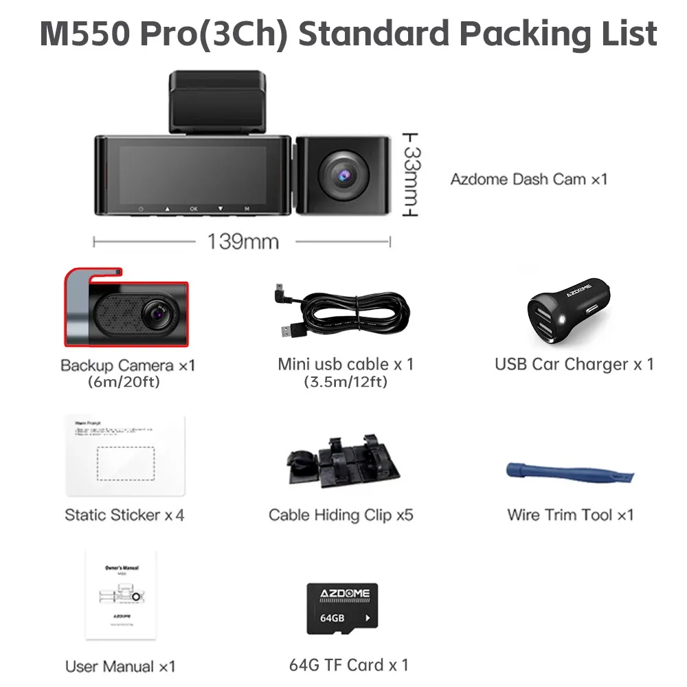 AZDOME M550 Pro Car Dash Cam 3 Channel 4K 5.8Ghz WiFi Front Cabin 1080P Rear DVR Cam GPS Night Vision Free 64G TF Card