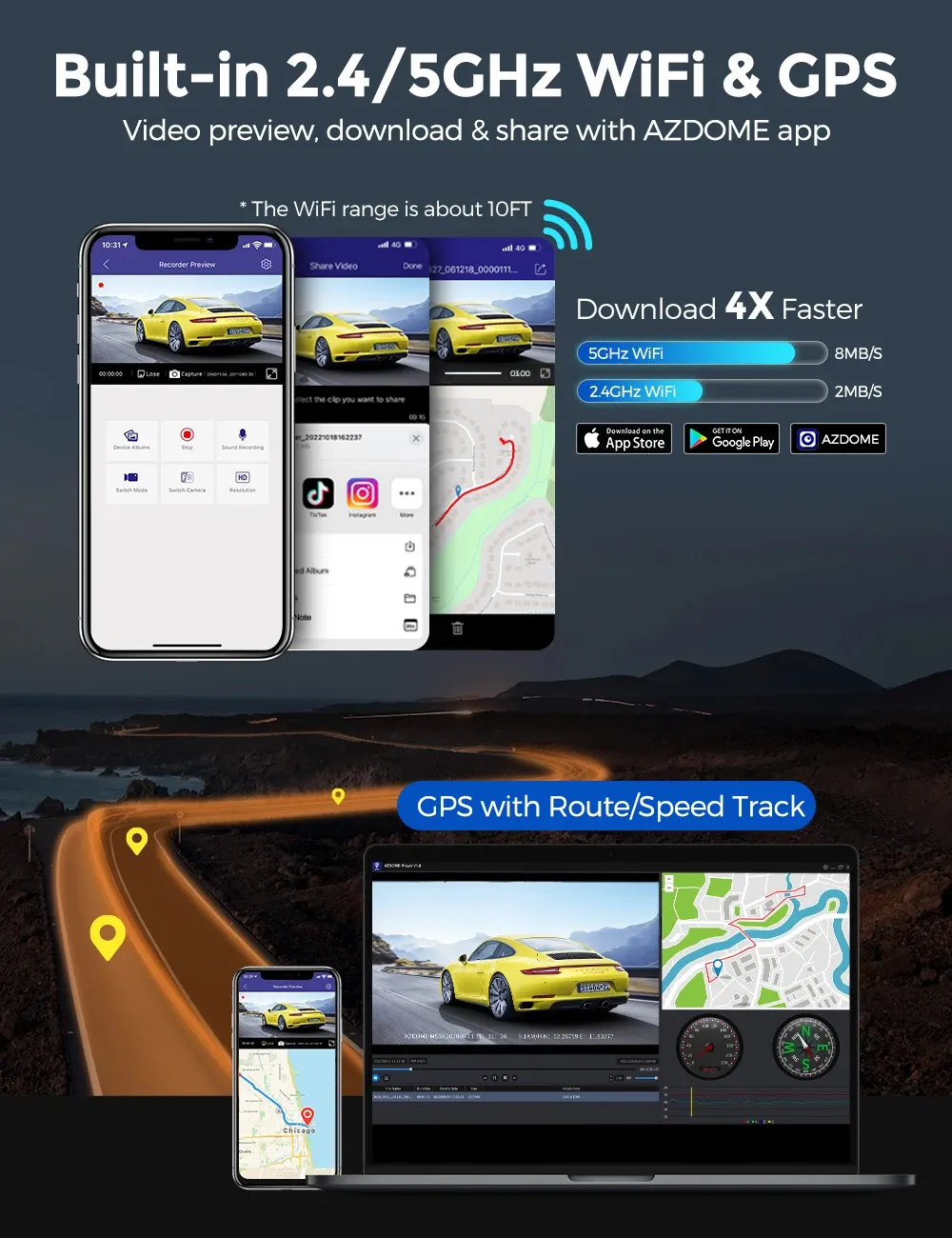 AZDOME M550 Pro Car Dash Cam 3 Channel 4K 5.8Ghz WiFi Front Cabin 1080P Rear DVR Cam GPS Night Vision Free 64G TF Card