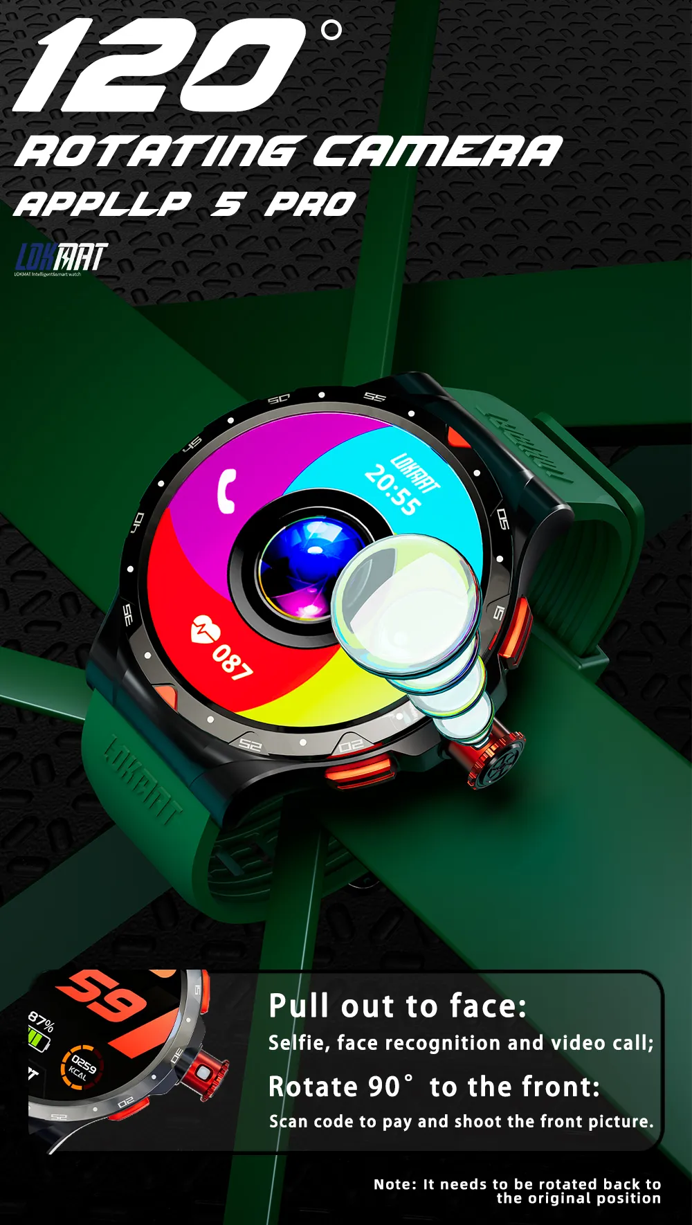 LOKMAT APPLLP 5 PRO Android 4G 1.43 inch HD 400*400 pixels 120 Rotating Camera Wifi Call Wacth Heart Rate Monitor Smart Watch Phone