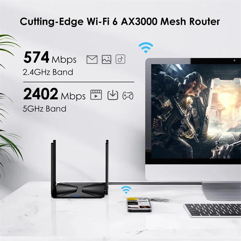 Wavlink MIGHTY EX1 AX3000 WiFi 6 Router Gigabit 2.4G&5G Dual Band Wireless Speed 2976Mbps Router with 4 Antennas