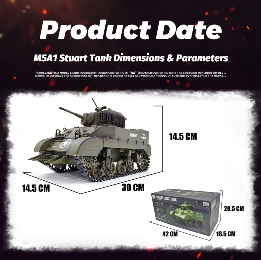 COOLBANK M5A1 1/16 2.4G RC Tank Sound Recoil Shooting Simulated Vehicles Models RTR Toys