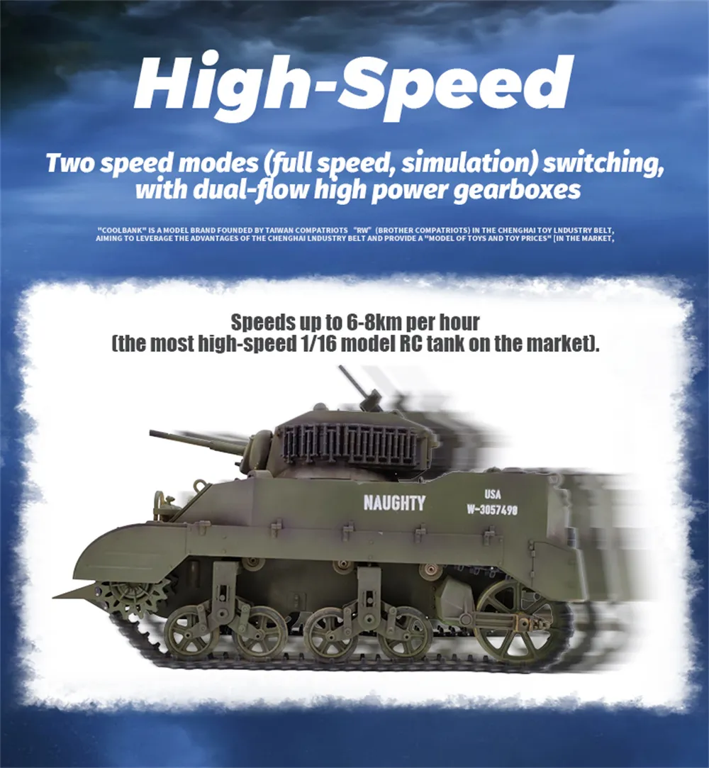 COOLBANK M5A1 1/16 2.4G RC Tank Sound Recoil Shooting Simulated Vehicles Models RTR Toys