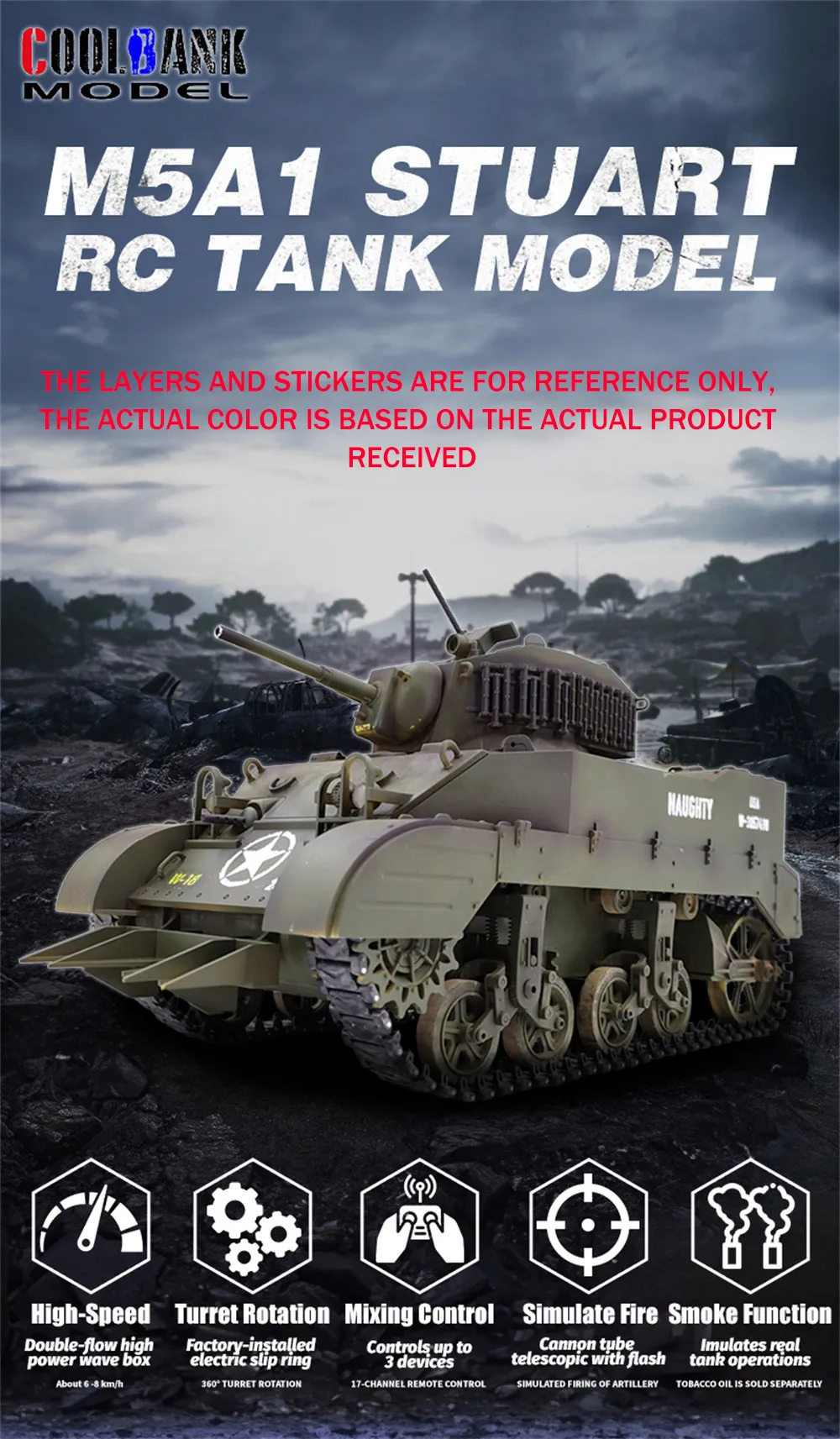COOLBANK M5A1 1/16 2.4G RC Tank Sound Recoil Shooting Simulated Vehicles Models RTR Toys
