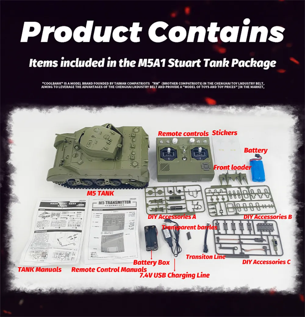 COOLBANK M5A1 1/16 2.4G RC Tank Sound Recoil Shooting Simulated Vehicles Models RTR Toys