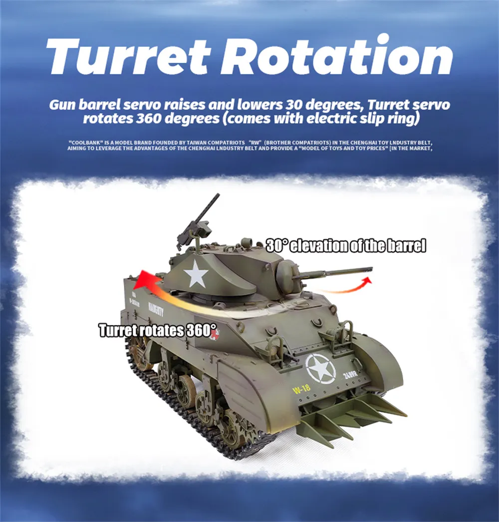 COOLBANK M5A1 1/16 2.4G RC Tank Sound Recoil Shooting Simulated Vehicles Models RTR Toys
