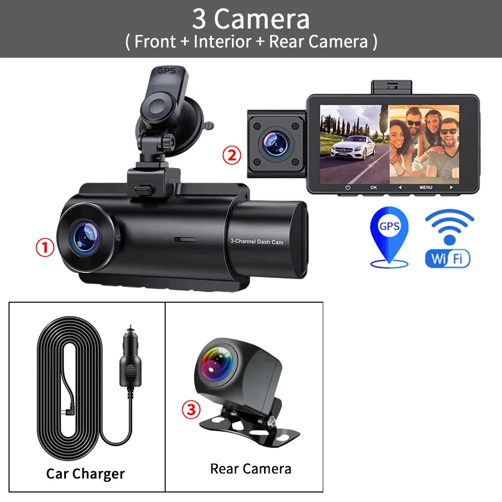 3 Channel Dash Cam Car Dash Camera With GPS WiFi IR Night Vision Camcorder
