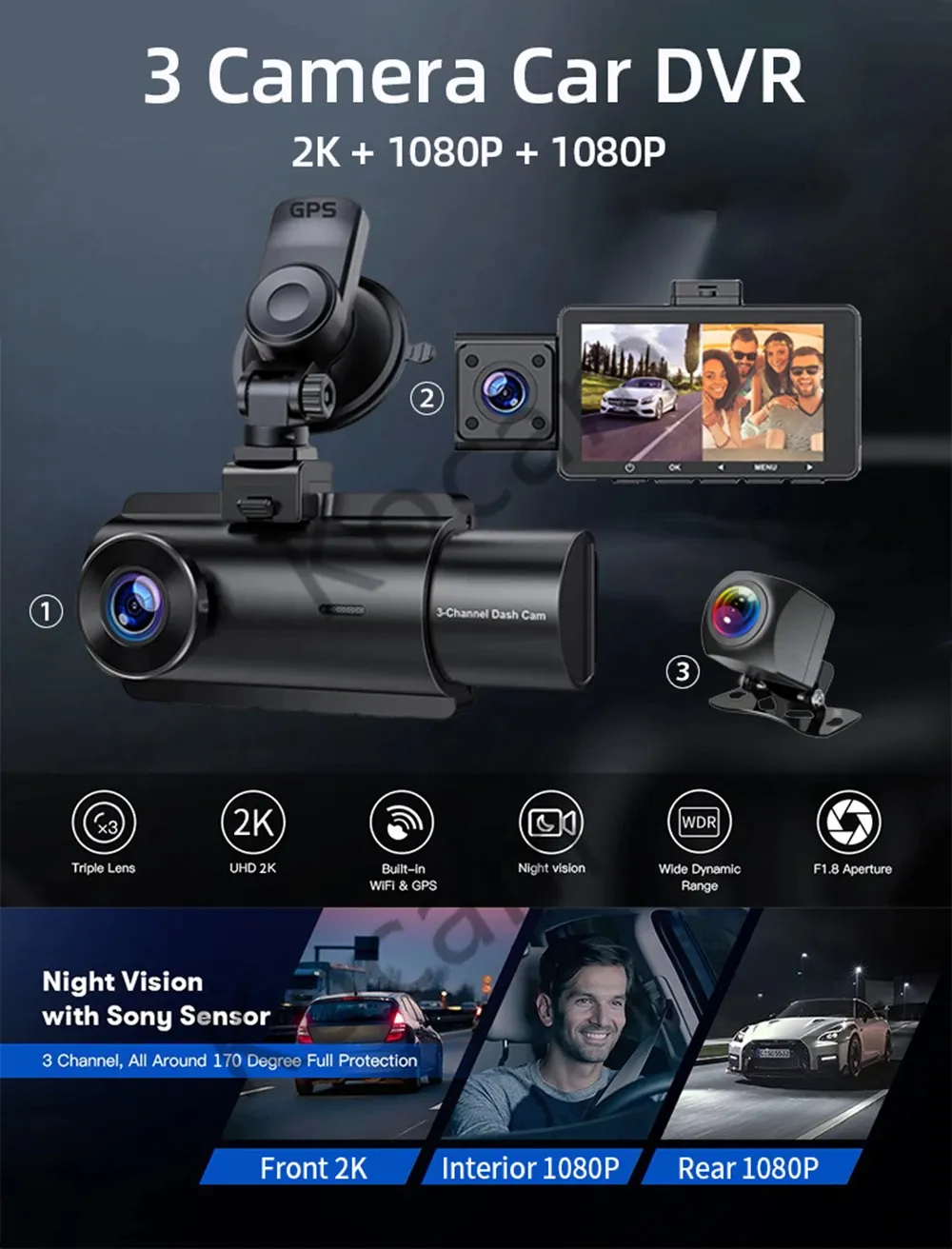 3 Channel Dash Cam Car Dash Camera With GPS WiFi IR Night Vision Camcorder