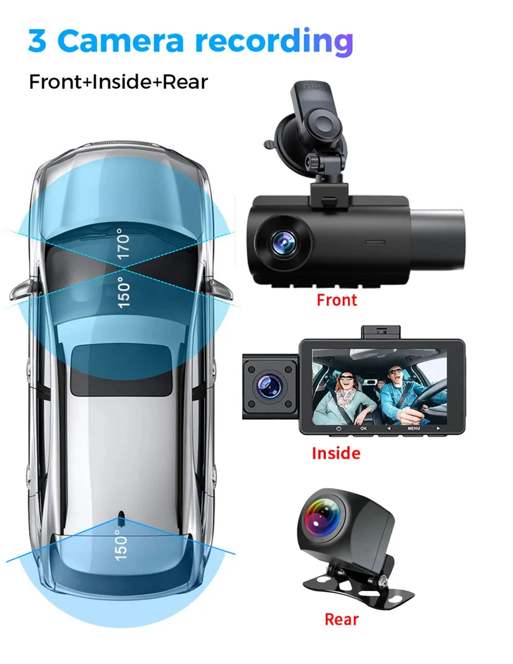 3 Channel Dash Cam Car Dash Camera With GPS WiFi IR Night Vision Camcorder