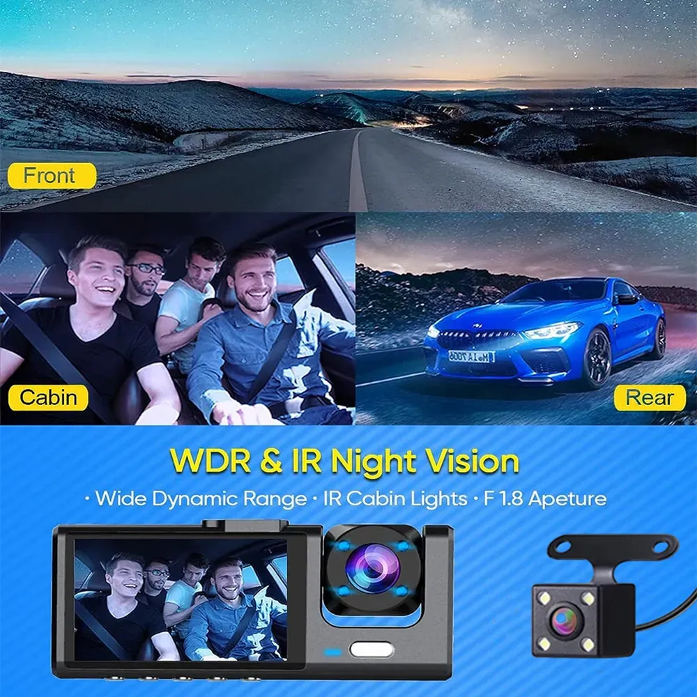 3 Lens Car Driving Recorder Dash Cam 1080p HD Night Vision 2.0 Inch Hidden Three-Record Car Camera with 64G Memory Card