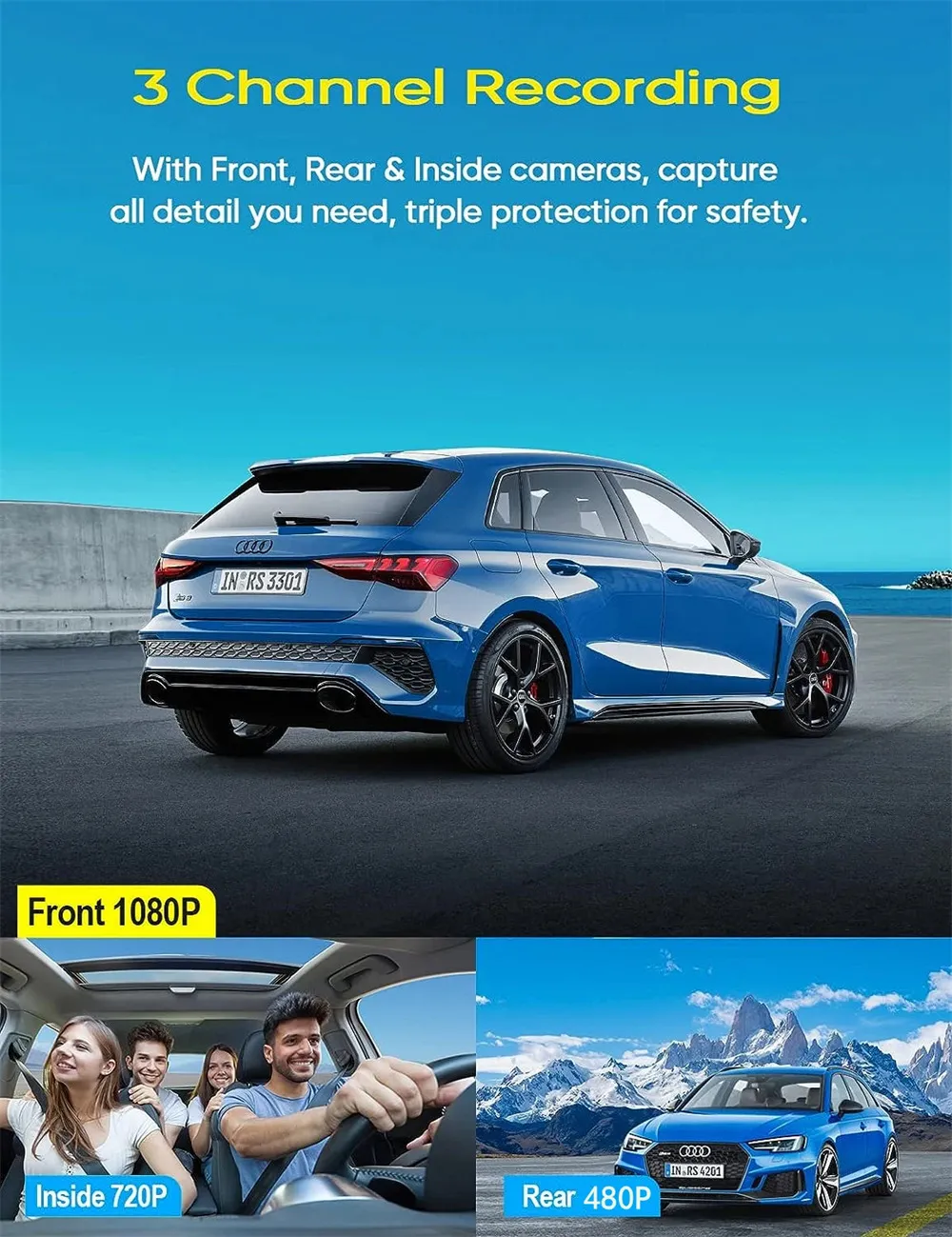 3 Lens Car Driving Recorder Dash Cam 1080p HD Night Vision 2.0 Inch Hidden Three-Record Car Camera with 64G Memory Card