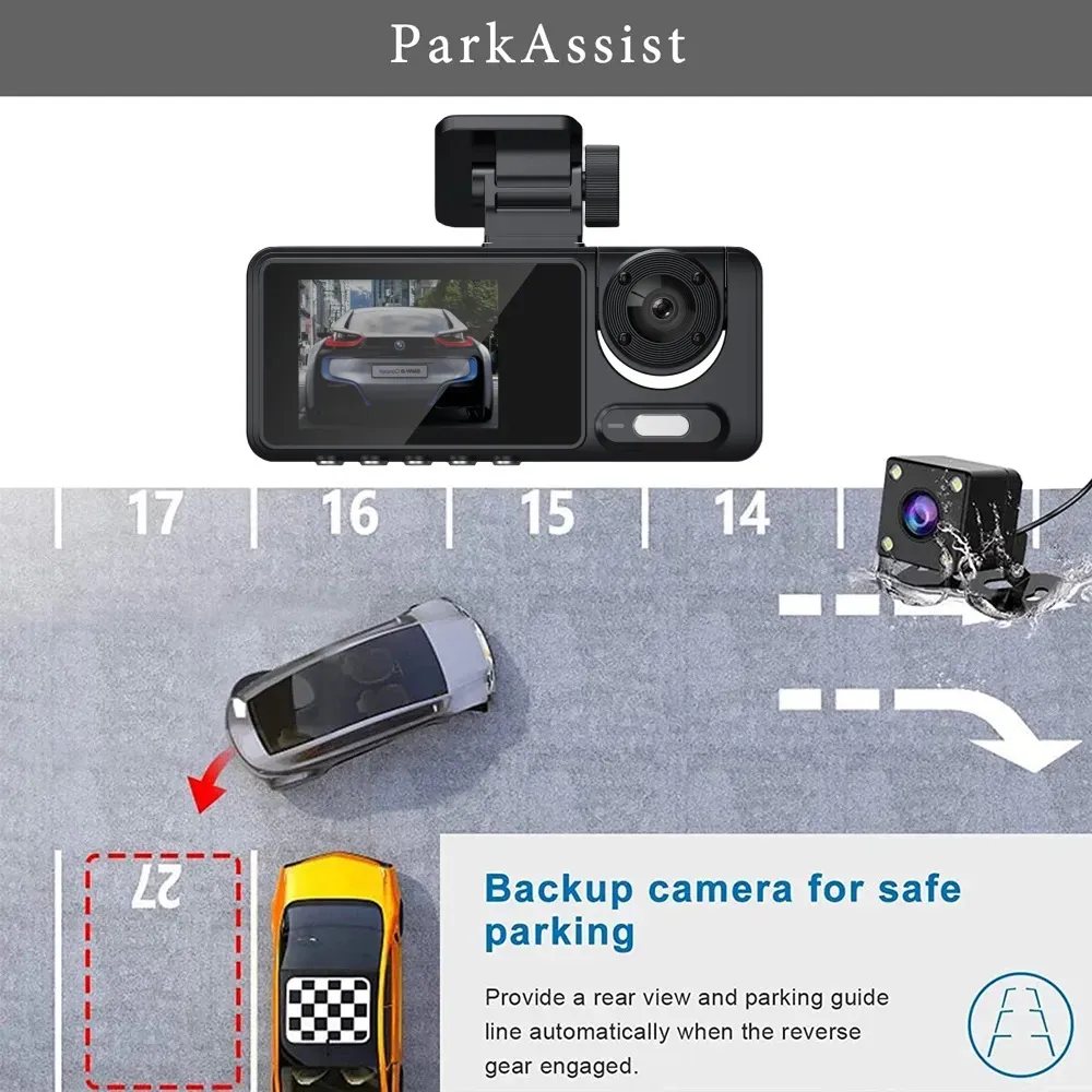 3 Lens Car Driving Recorder Dash Cam 1080p HD Night Vision 2.0 Inch Hidden Three-Record Car Camera with 64G Memory Card