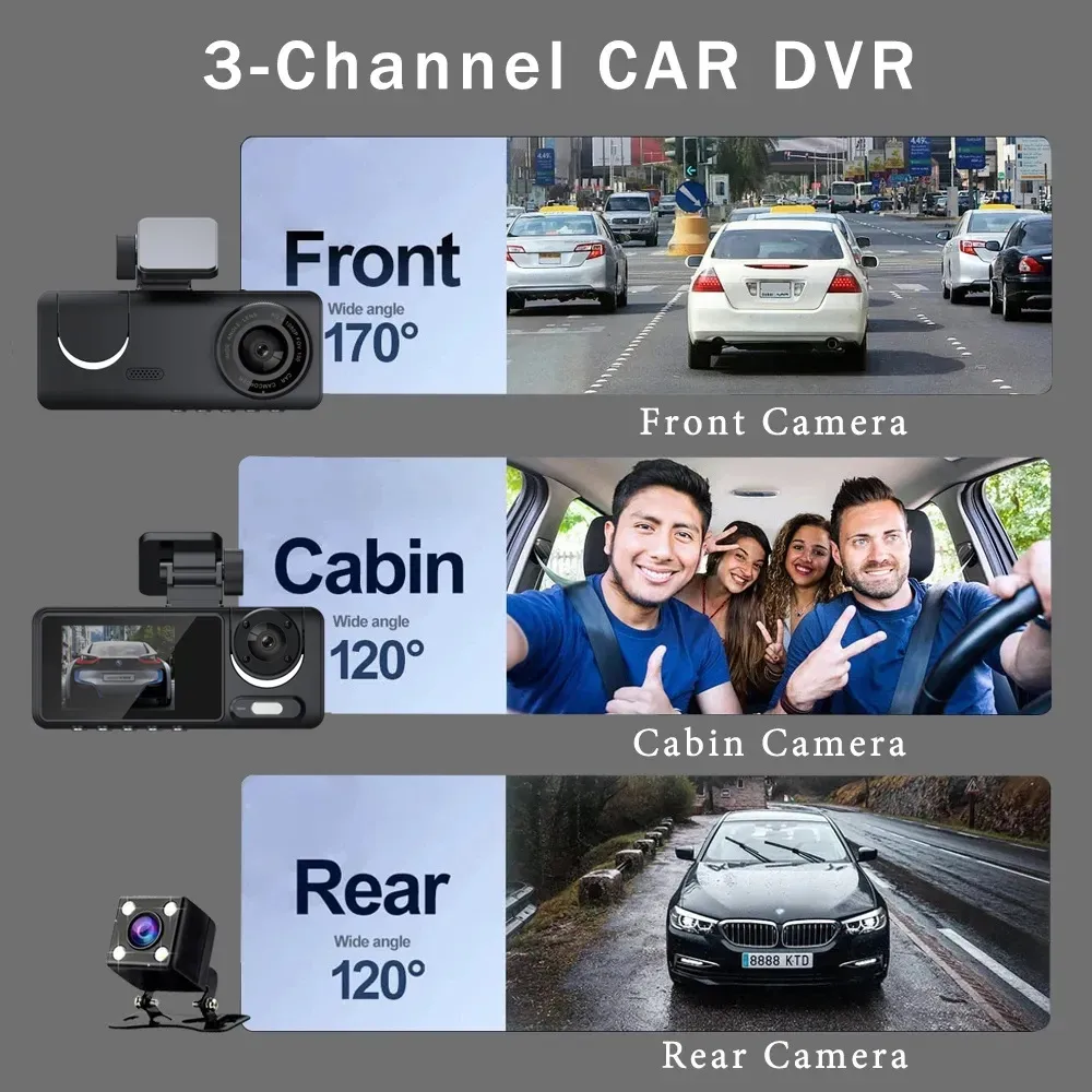 3 Lens Car Driving Recorder Dash Cam 1080p HD Night Vision 2.0 Inch Hidden Three-Record Car Camera with 64G Memory Card