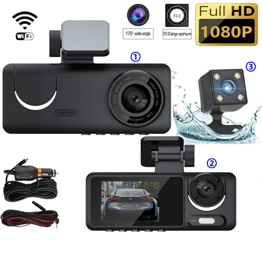 3 Lens Car Driving Recorder Dash Cam 1080p HD Night Vision 2.0 Inch Hidden Three-Record Car Camera with 64G Memory Card
