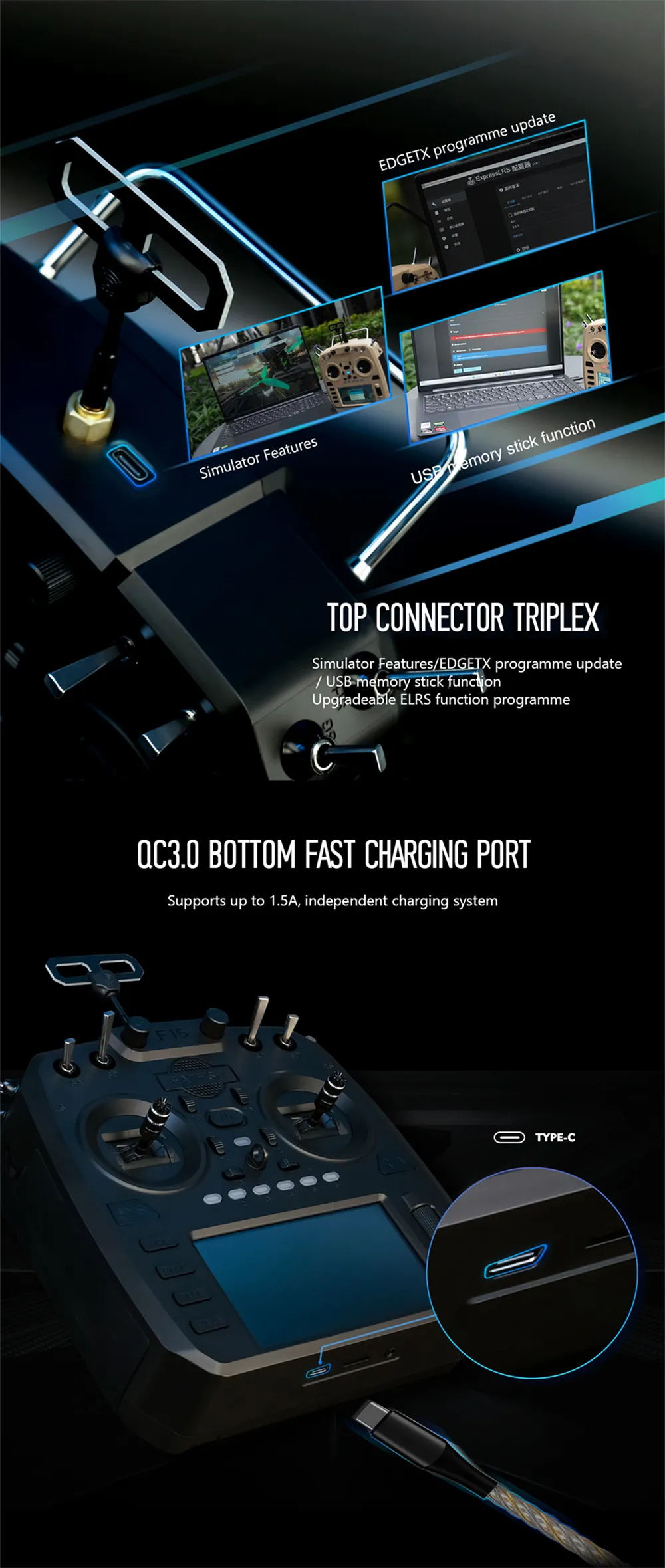 FATFISH F16 2.4GHz 16CH Hall Gimbals Built-in ELRS EdgeTX System Full Size Radio Transmitter 4.3 Touch Ultra-Bright 1000nit Screen for FPV Racer Drone FATFISH F16 2.4GHz 16CH Hall Gimbals Built-in ELRS EdgeTX System Full Size Radio Transmitter 4.3 Touch Ultra-Bright 1000nit Screen for FPV Racer Drone