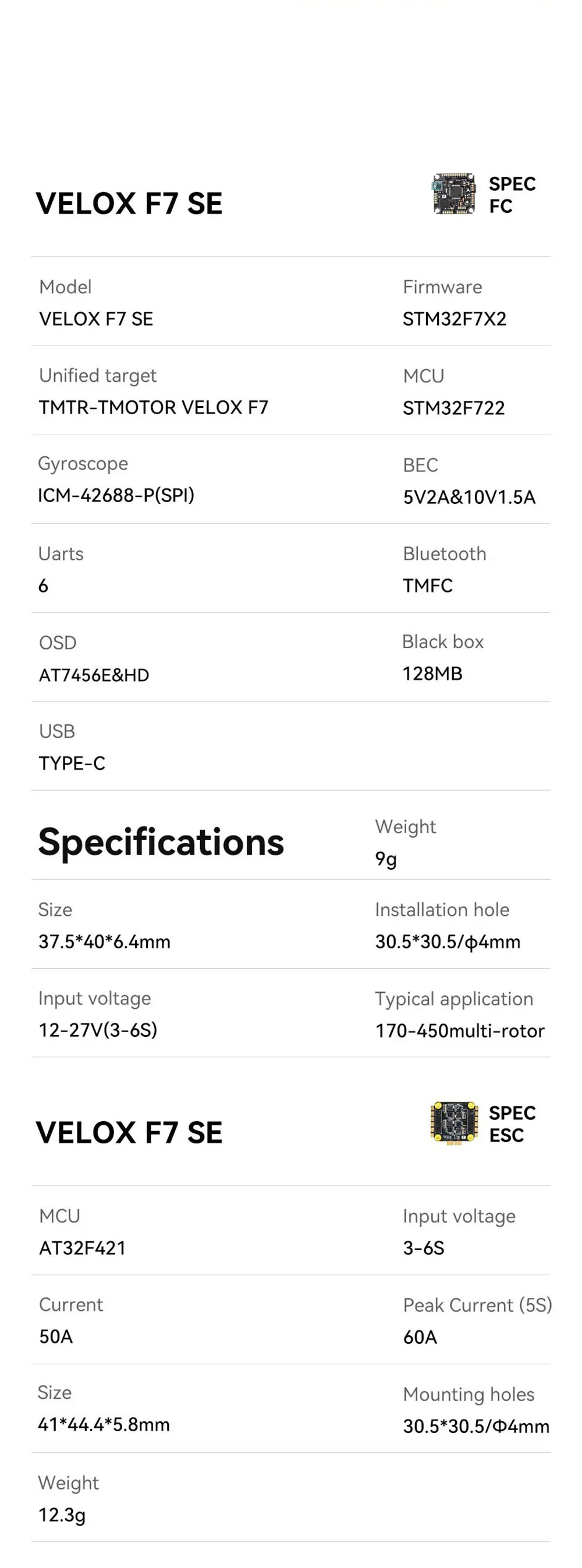 TMOTOR Velox F7 SE V50A Stack F7 Wireless Buletooth Flight Controller and 50A 3-6S 4in1 ESC Support Digital HD Analog for RC Drone FPV Racing TMOTOR Velox F7 SE V50A Stack F7 Wireless Buletooth Flight Controller and 50A 3-6S 4in1 ESC Support Digital HD Analog for RC Drone FPV Racing