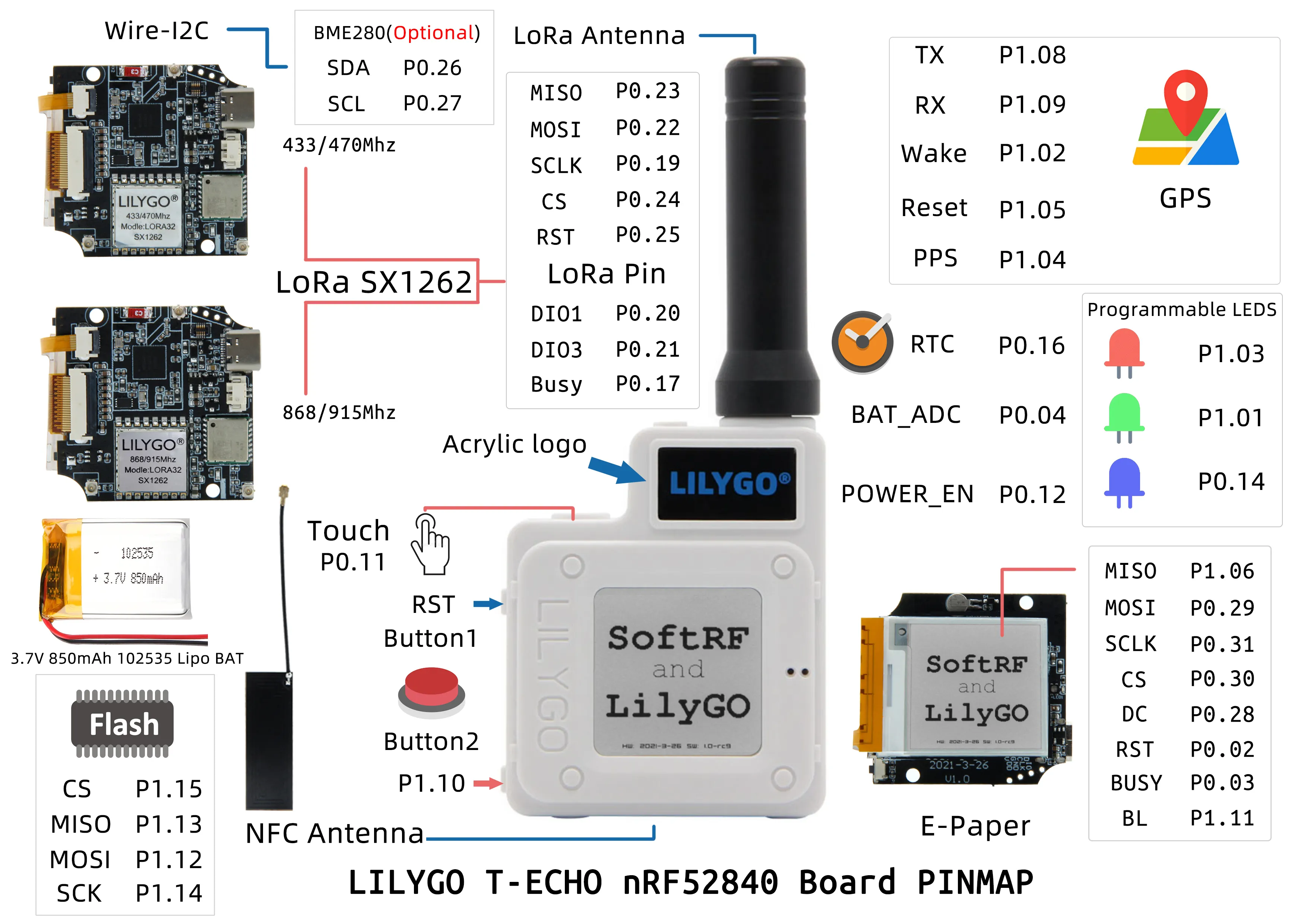 LILYGO® T-Echo SoftRF NRF52840 LoRa SX1262 433/868/915MHz Wireless Module L76K 1.54 E-Paper BME280 Sensor for Arduino LILYGO® T-Echo SoftRF NRF52840 LoRa SX1262 433/868/915MHz Wireless Module L76K 1.54 E-Paper BME280 Sensor for Arduino
