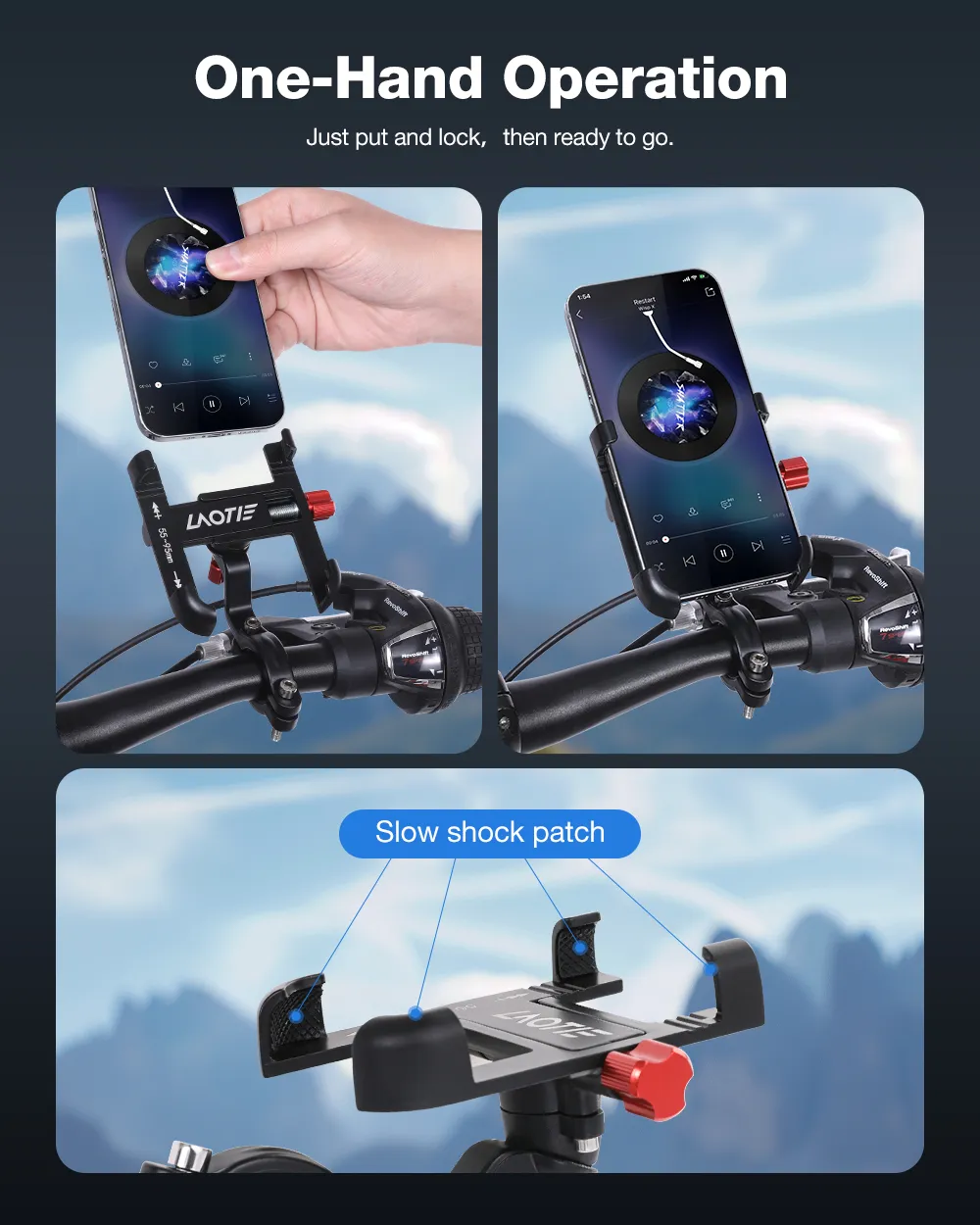 LAOTIE BM2 Universal Bike Phone Holder Four Corners Shockproof Free Rotation 4.0-7.0 Cellphone Electric Scooter Motorcycle Bicycle Mount for SAMEBIKE LAOTIE