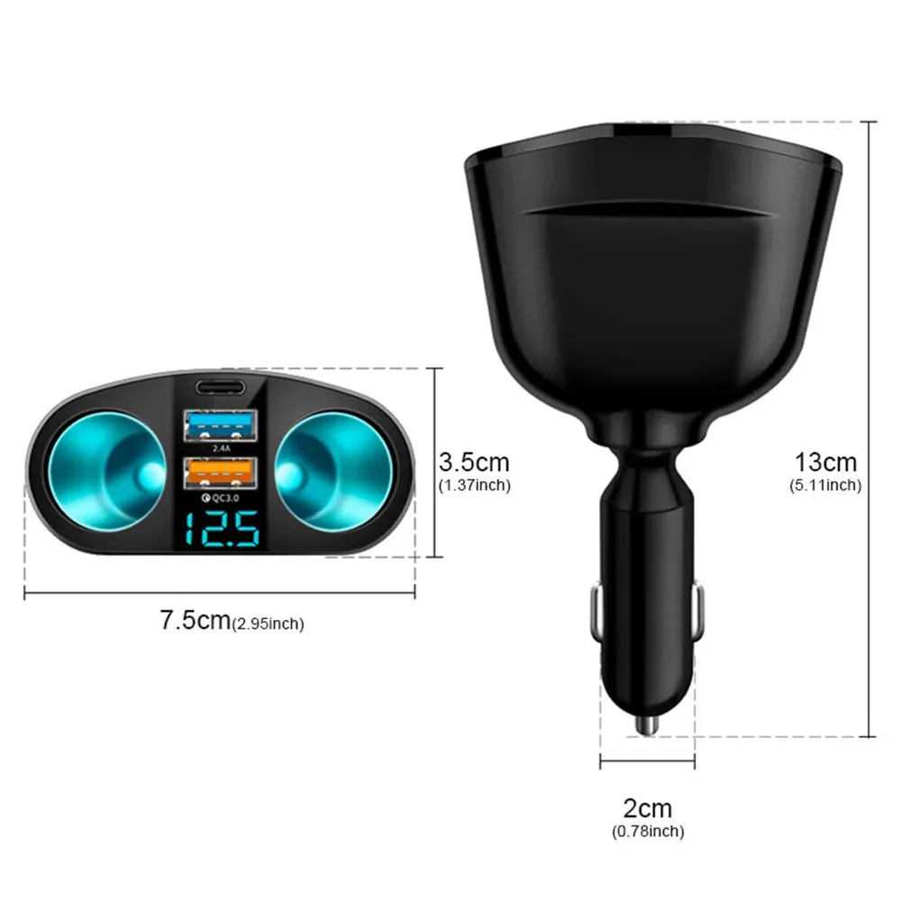 120W QC3.0 Car Charger 12V/24V Dual USB Power Adapter Fast Charging Car Lighter Socket with Blue LED Digital
