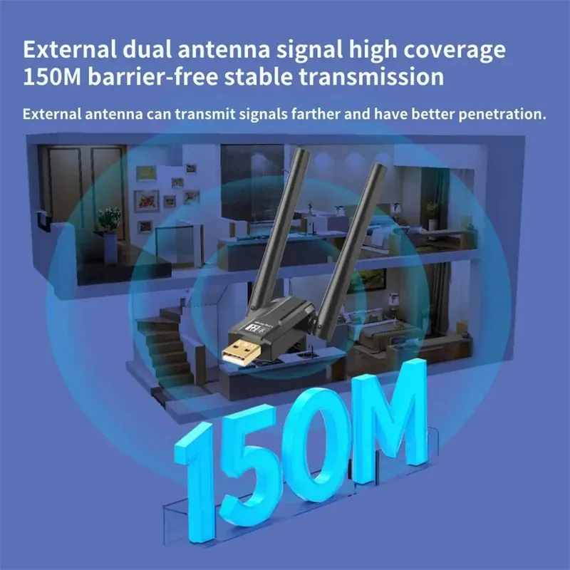 bluetooth 5.4 USB Adapter 150M Dual Antenna Dongle for PC Wireless Mouse Keyboard Music Audio Receiver Transmitter Plug and Play