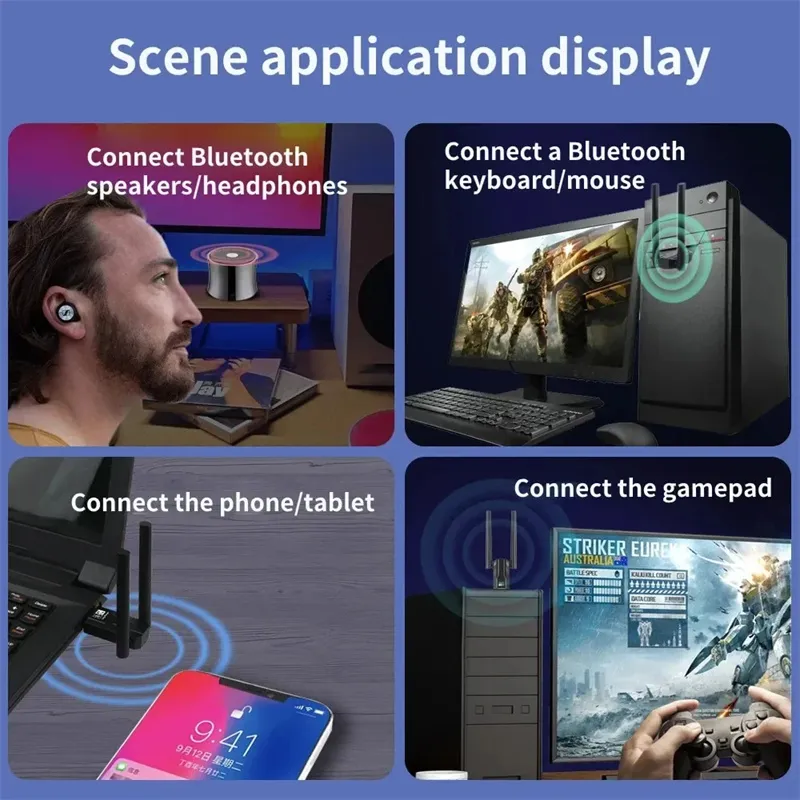 bluetooth 5.4 USB Adapter 150M Dual Antenna Dongle for PC Wireless Mouse Keyboard Music Audio Receiver Transmitter Plug and Play