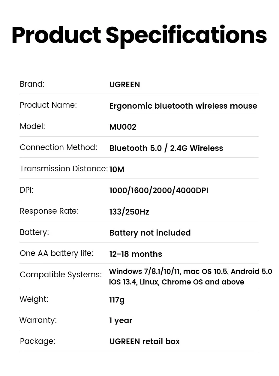 UGreen MU002 Dual Mode Wireless Mouse 1000-4000DPI 2.4G Wireless & bluetooth Ergonomics Mute Mice UGreen MU002 Dual Mode Wireless Mouse 1000-4000DPI 2.4G Wireless & bluetooth Ergonomics Mute Mice