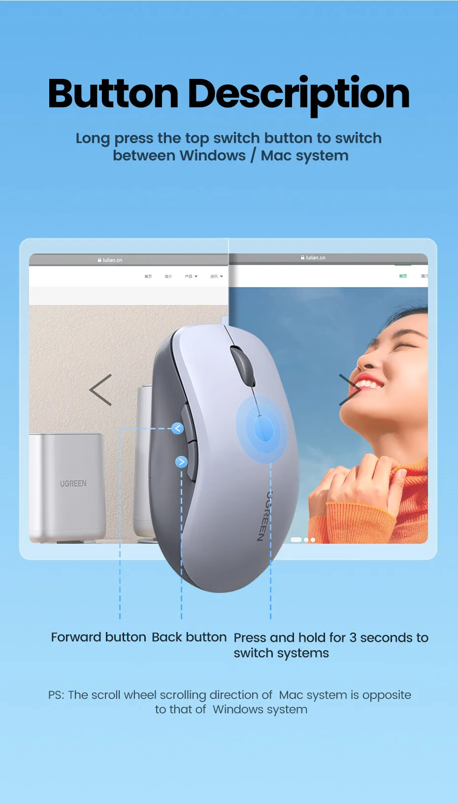 UGreen MU002 Dual Mode Wireless Mouse 1000-4000DPI 2.4G Wireless & bluetooth Ergonomics Mute Mice UGreen MU002 Dual Mode Wireless Mouse 1000-4000DPI 2.4G Wireless & bluetooth Ergonomics Mute Mice